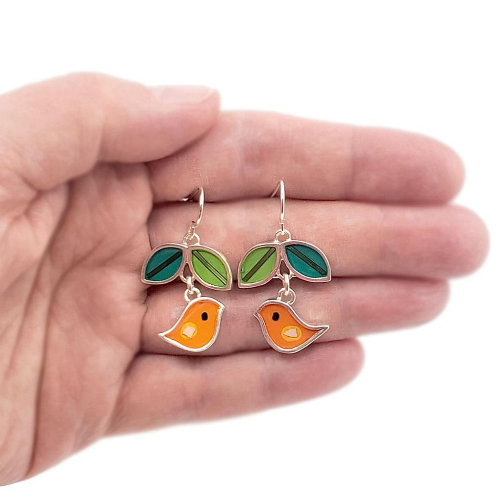 Earrings - Bird and Leaves (Orange) by Happy Art Studio