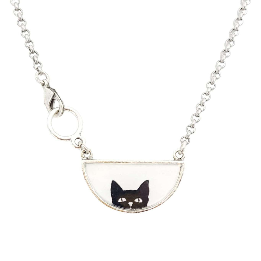 Necklace - Black Cat Half-Round Resin Silver by Christine Stoll |Altered Relics