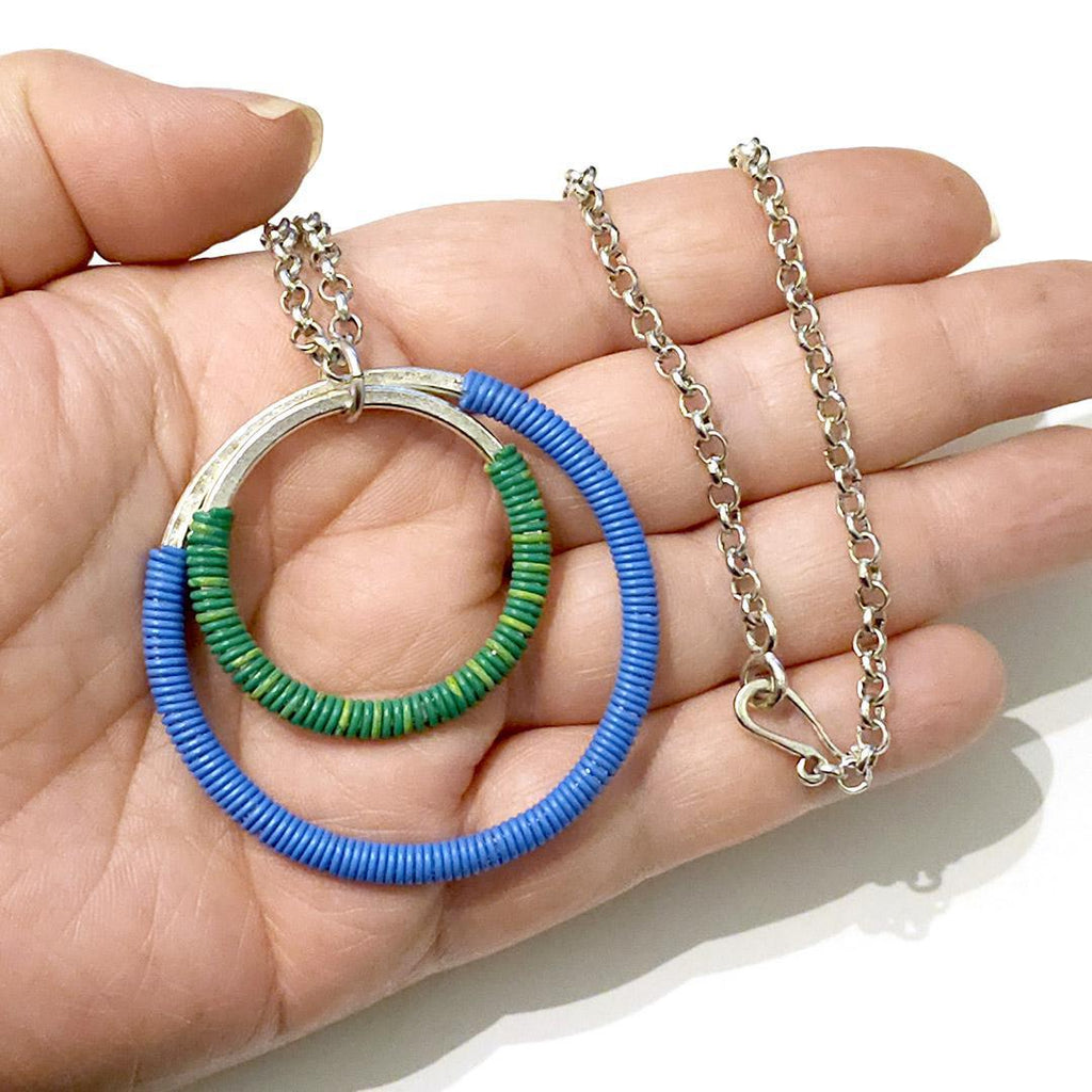 Necklace - Double Circle - Blue and Green Communication Wire by XV Studios