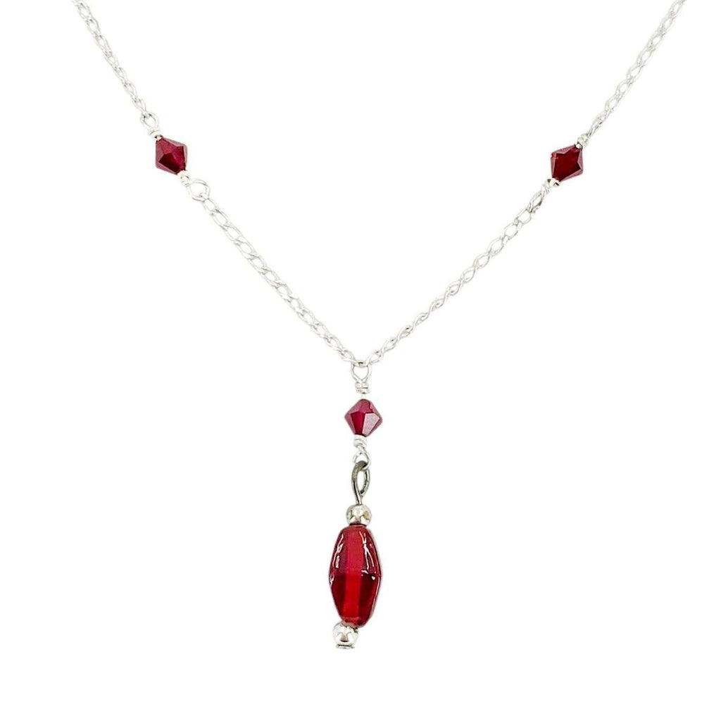 Necklace - Drop Pendant Bead Chain (Red Glass, Swarovski, Sterling Silver) by imakecutestuff