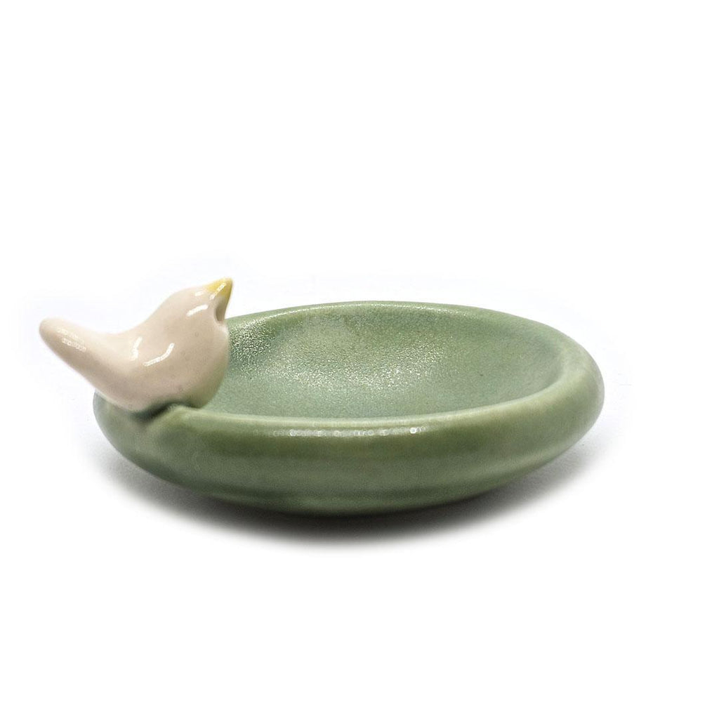 Round Ring Dish - White Bird with Flowers (Small Green) by Tasha McKelvey