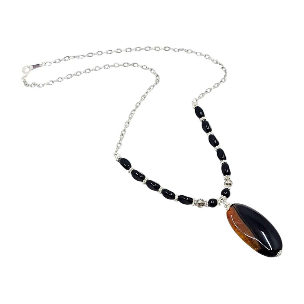 Necklace - Agate Oval Pendant (Black and Brown) by Tiny Aloha