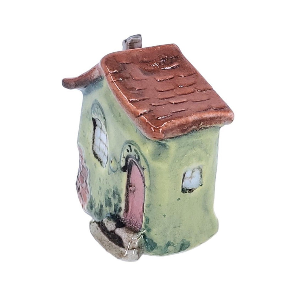 Tiny House - Green House Pink Door Rust Roof by Mist Ceramics