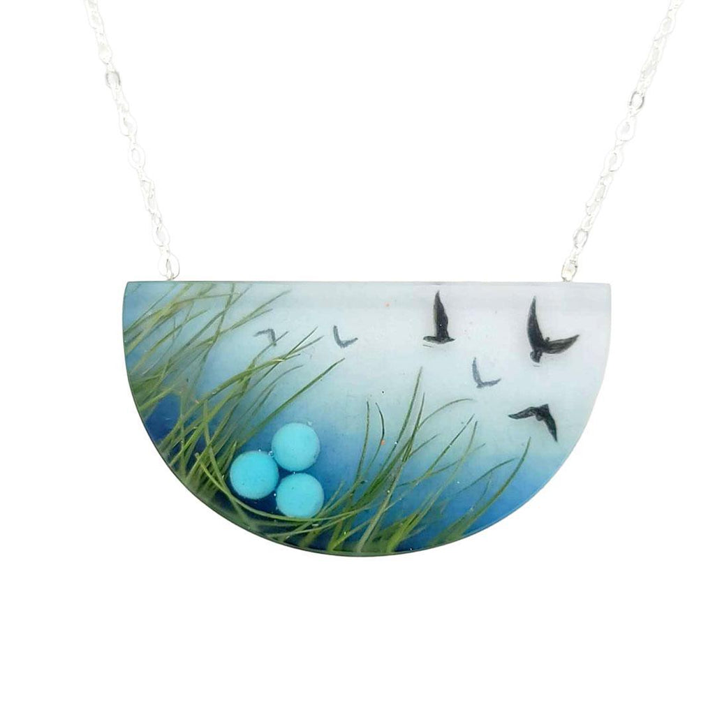 Necklace - Painted Nesting Birds with Green Grass by Fernworks