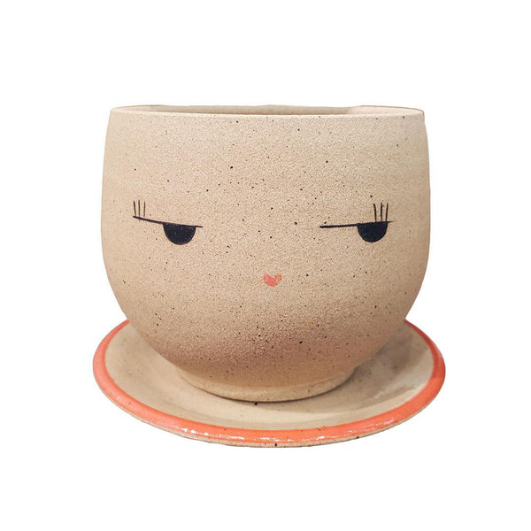 Planter - Side Eye Face (Red Saucer) by Jennifer Fujimoto