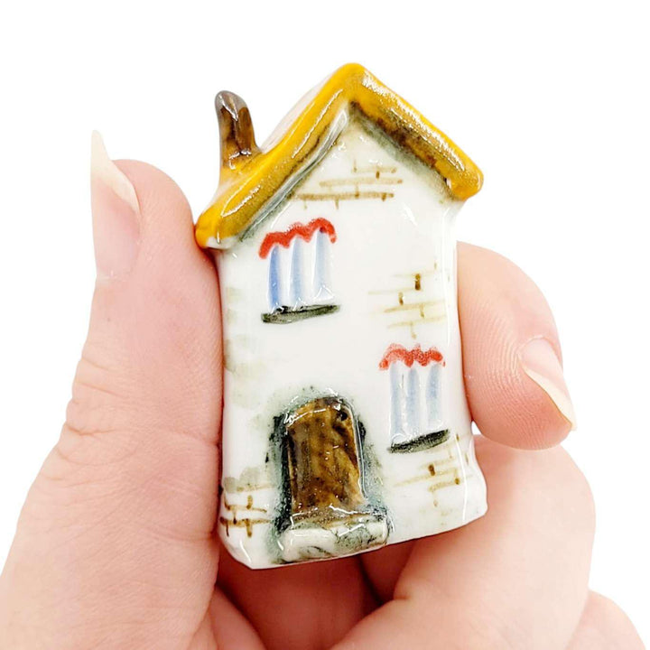 Tiny House - White House Brown Door Light Brown Roof by Mist Ceramics