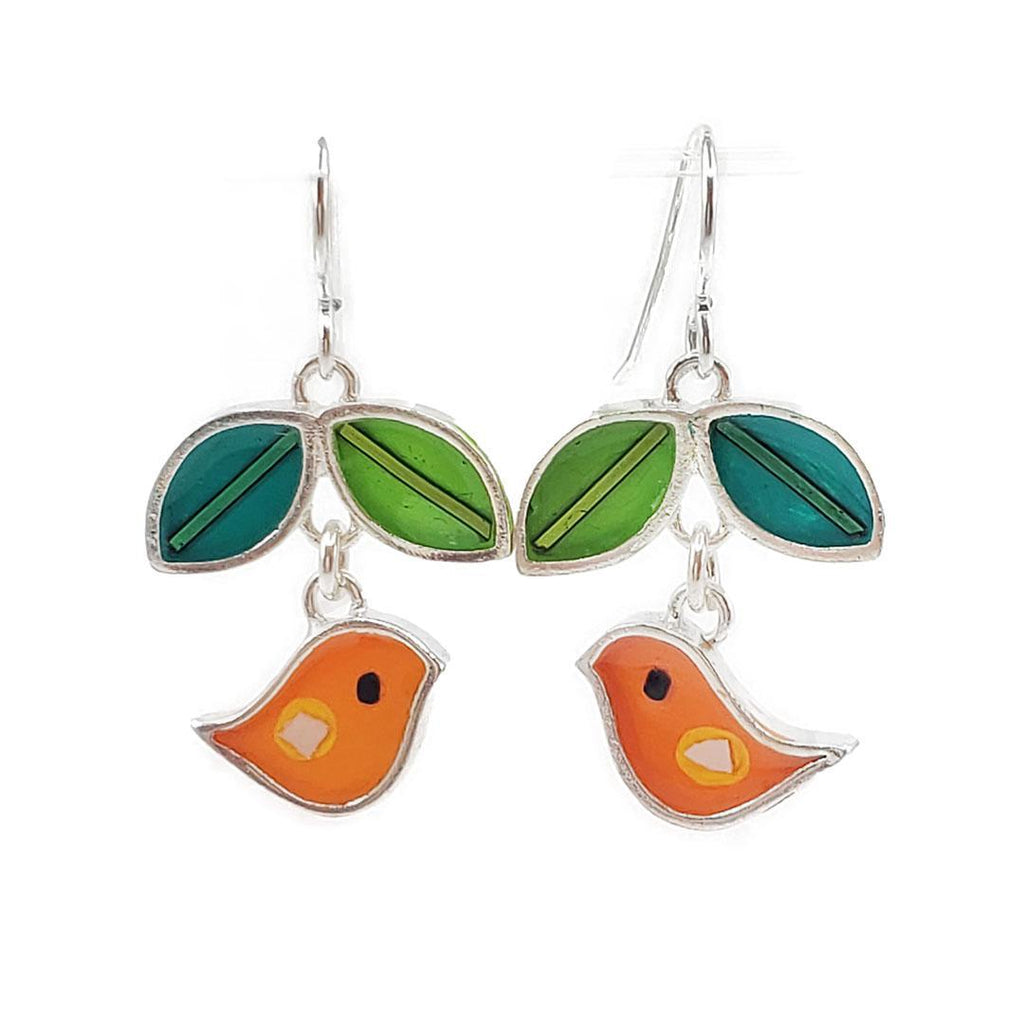 Earrings - Bird and Leaves (Orange) by Happy Art Studio