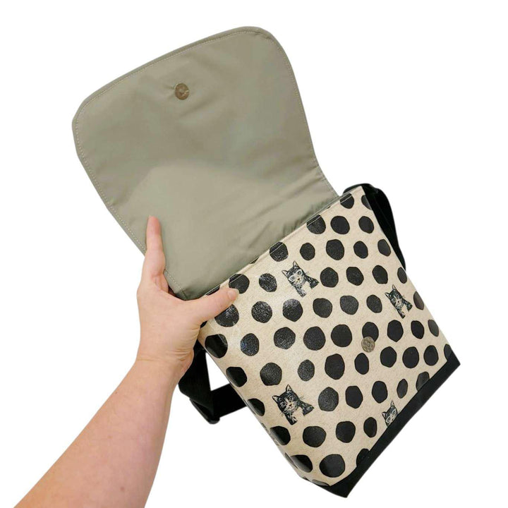 Messenger Bag - Reinforced Tall - Black Dots & Cats with Glasses by Laarni and Tita