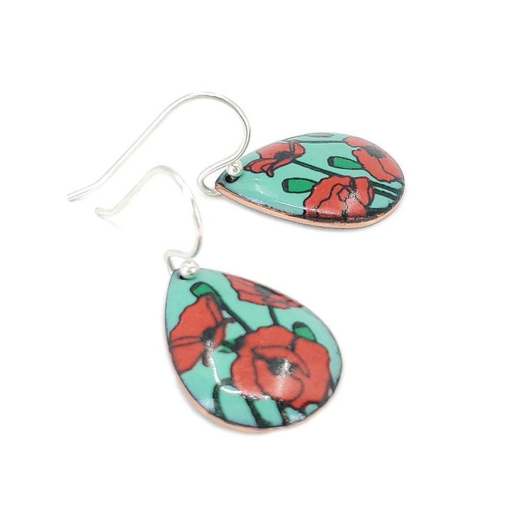 Earrings - Red Poppies Small Teardrop (Turquoise) by Magpie Mouse