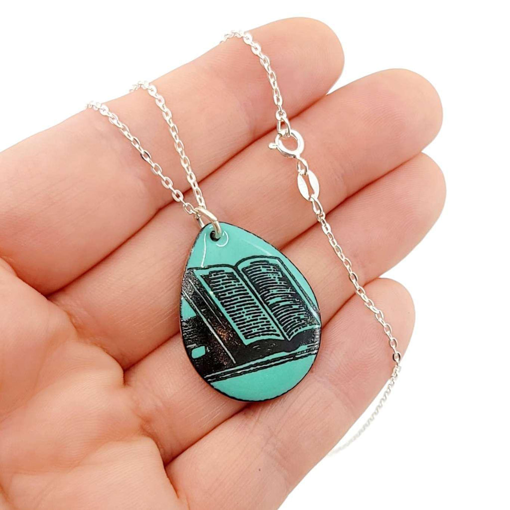 Necklace - Teardrop Book on Teal Background by Magpie Mouse Studios