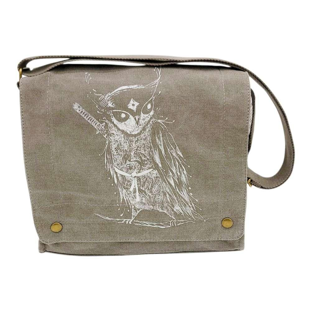 Messenger Bag - Samurai Owl (White Ink on Gray Canvas) by Namu
