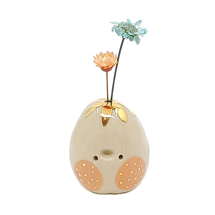 Figurine - Lucky Potato Bud Vase (Single Hole, Orange Cheeks, Gold Pointed Flower) by The Pottery Parade