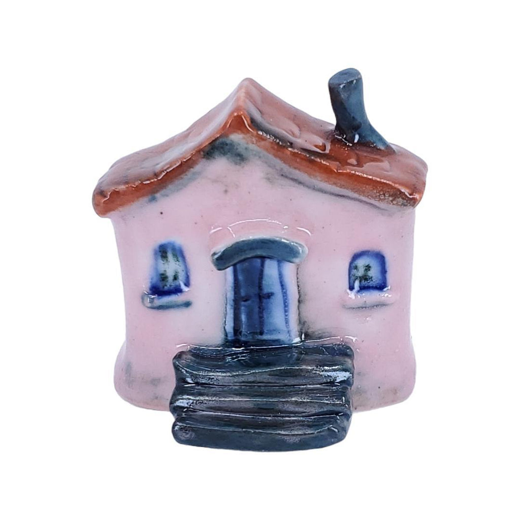 Tiny House - Pink House Black Steps Rust Roof by Mist Ceramics