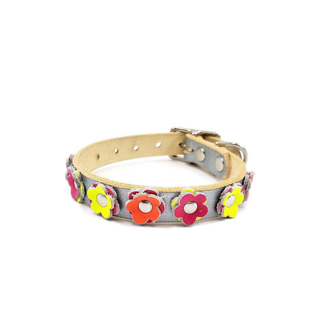 Dog Collar - XS-S - Silver with Multicolor Flowers by Greenbelts