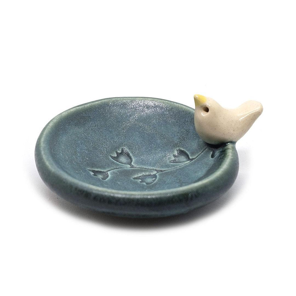 Round Ring Dish - White Bird with Flowers (Small Dark Teal) by Tasha McKelvey