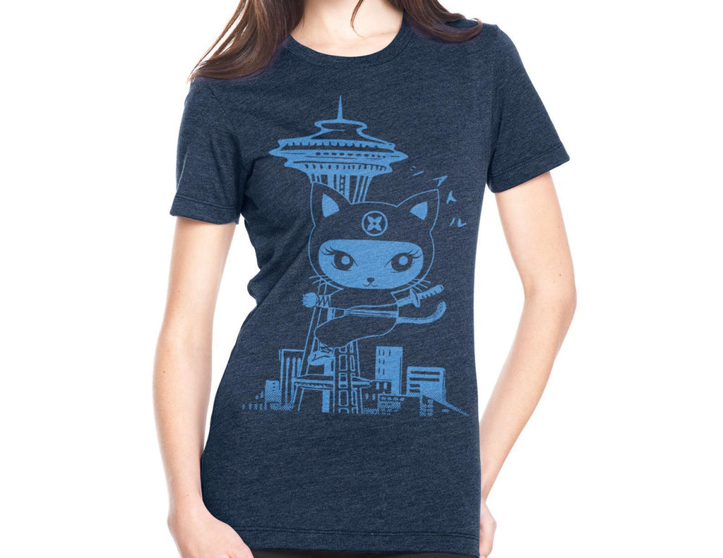 Adult Tee - Seattle Ninja Kitty Blue Fitted Crew Neck by Namu