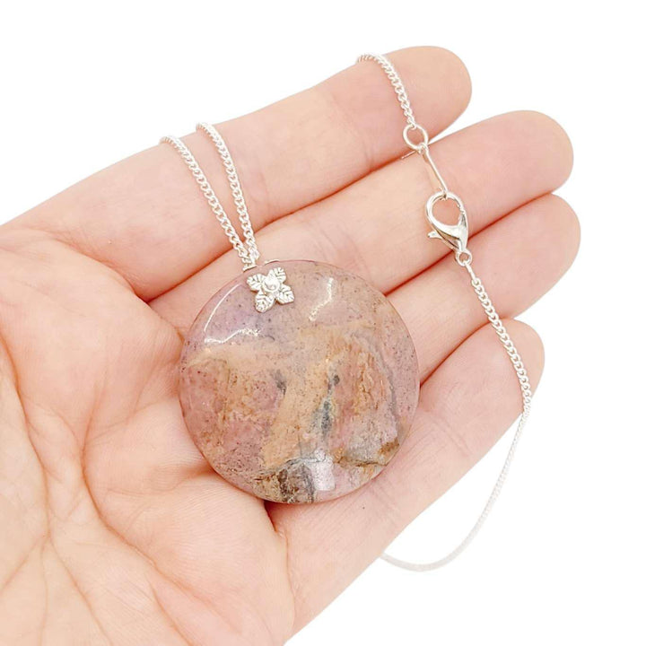 Necklace - Large Stone Coin Pendant (Rhodonite, Silver Plate) by Tiny Aloha
