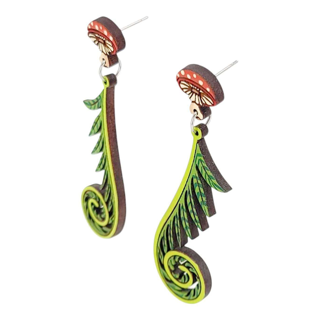 Earrings - Fiddlehead Fern and Mushroom (Post Dangles) by Fresh Cuttery