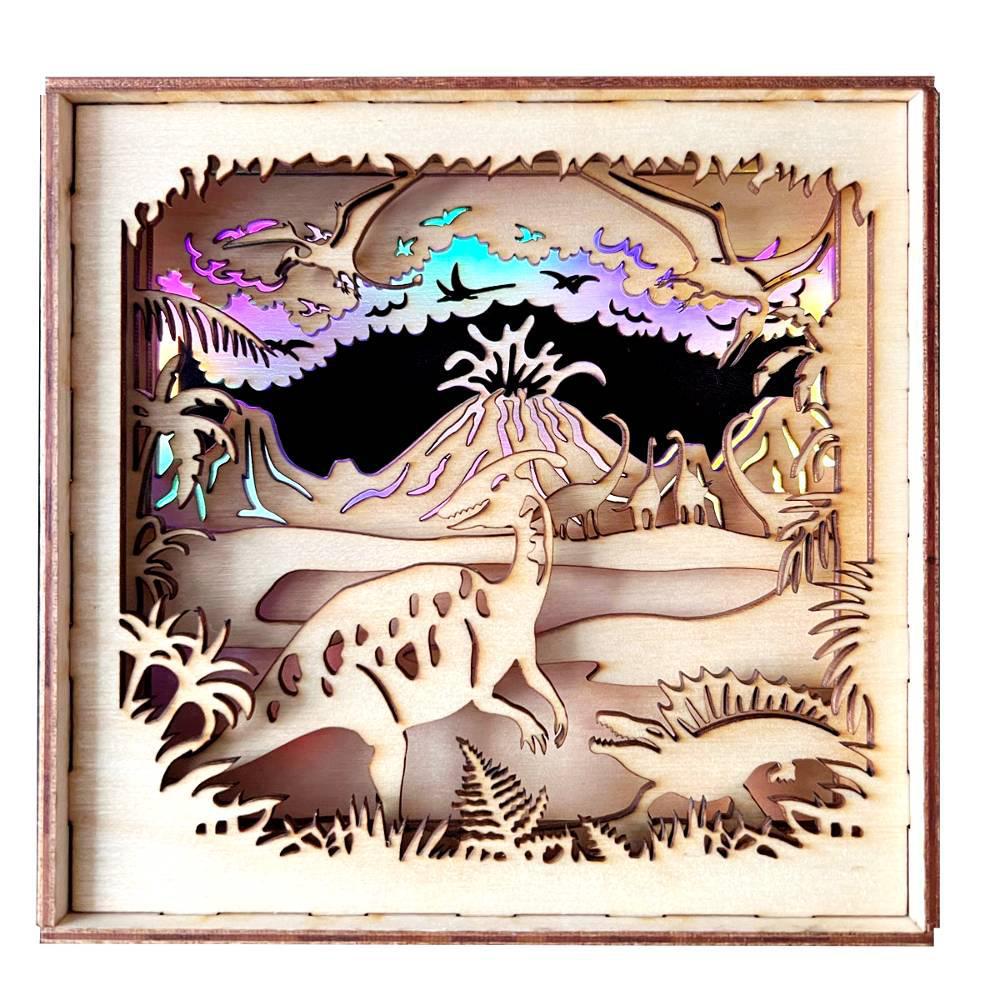 Lighted Shadowbox - Dinosaurs and Lava Fields by Squirrel Taco Papercuts