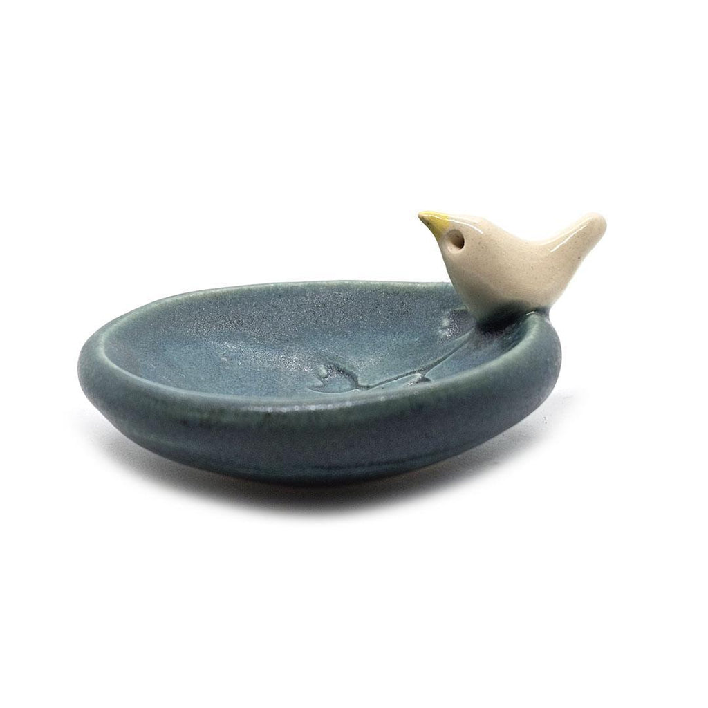 Round Ring Dish - White Bird with Flowers (Small Dark Teal) by Tasha McKelvey