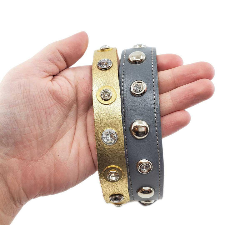 Dog Collar - M - Gray with Studs Crystals by Greenbelts