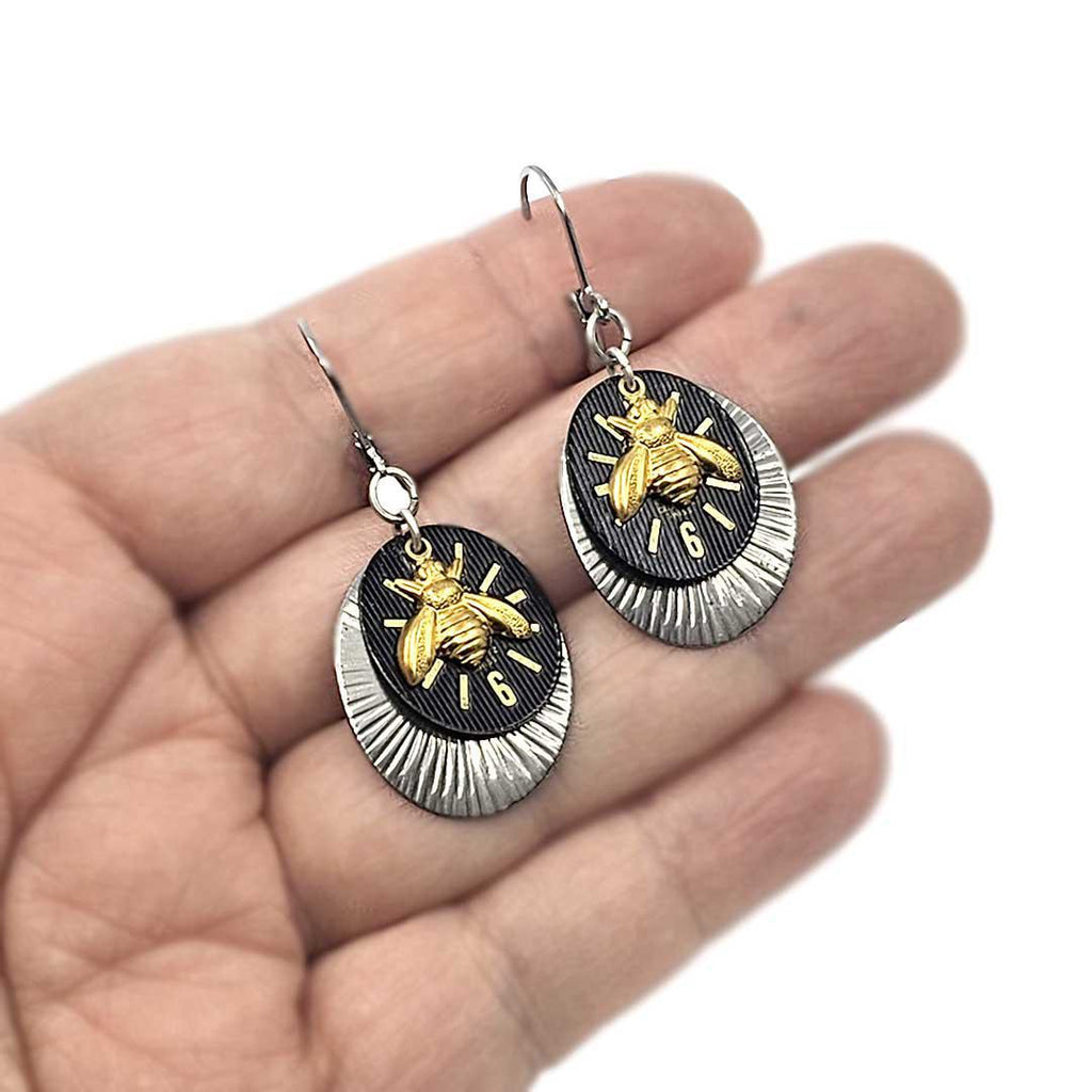 Earrings - Brass Bee Wavy Disk (Stainless Steel) by Christine Stoll | Altered Relics