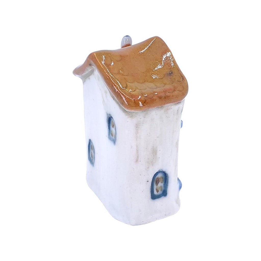 Tiny House - White House Light Blue Door Light Brown Roof by Mist Ceramics
