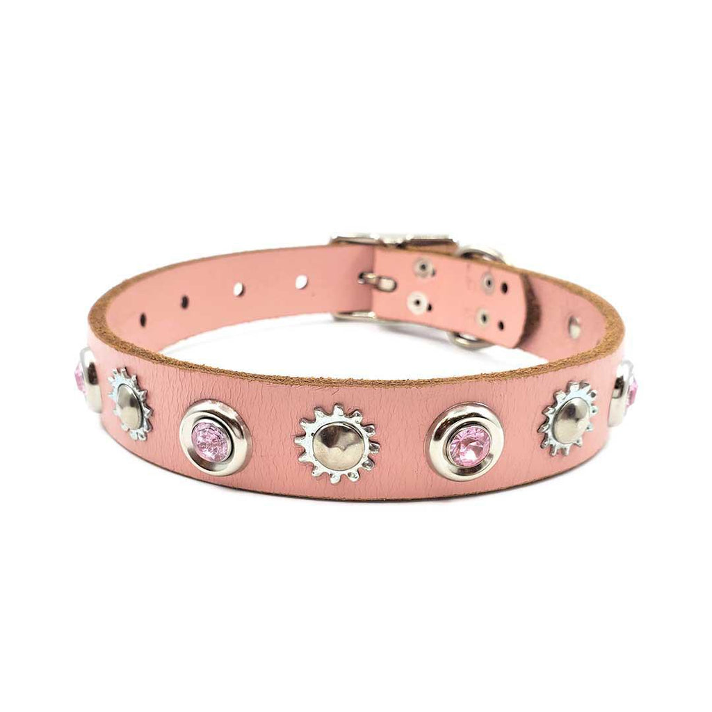 Dog Collar - S-M - Pale Pink with Crystals Industrial Flowers by Greenbelts