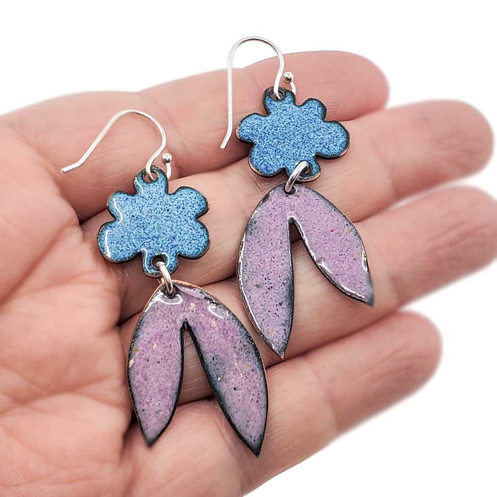 Earrings - Flower Leaves Dangle (Teal Purple) by Magpie Mouse Studios