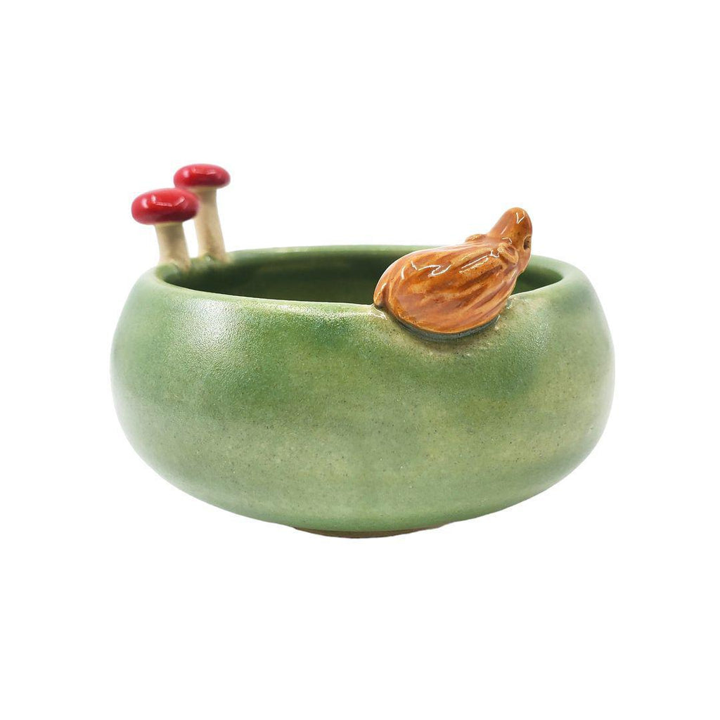 Bowl - Small Hedgehog with Mushrooms (Green) by Tasha McKelvey