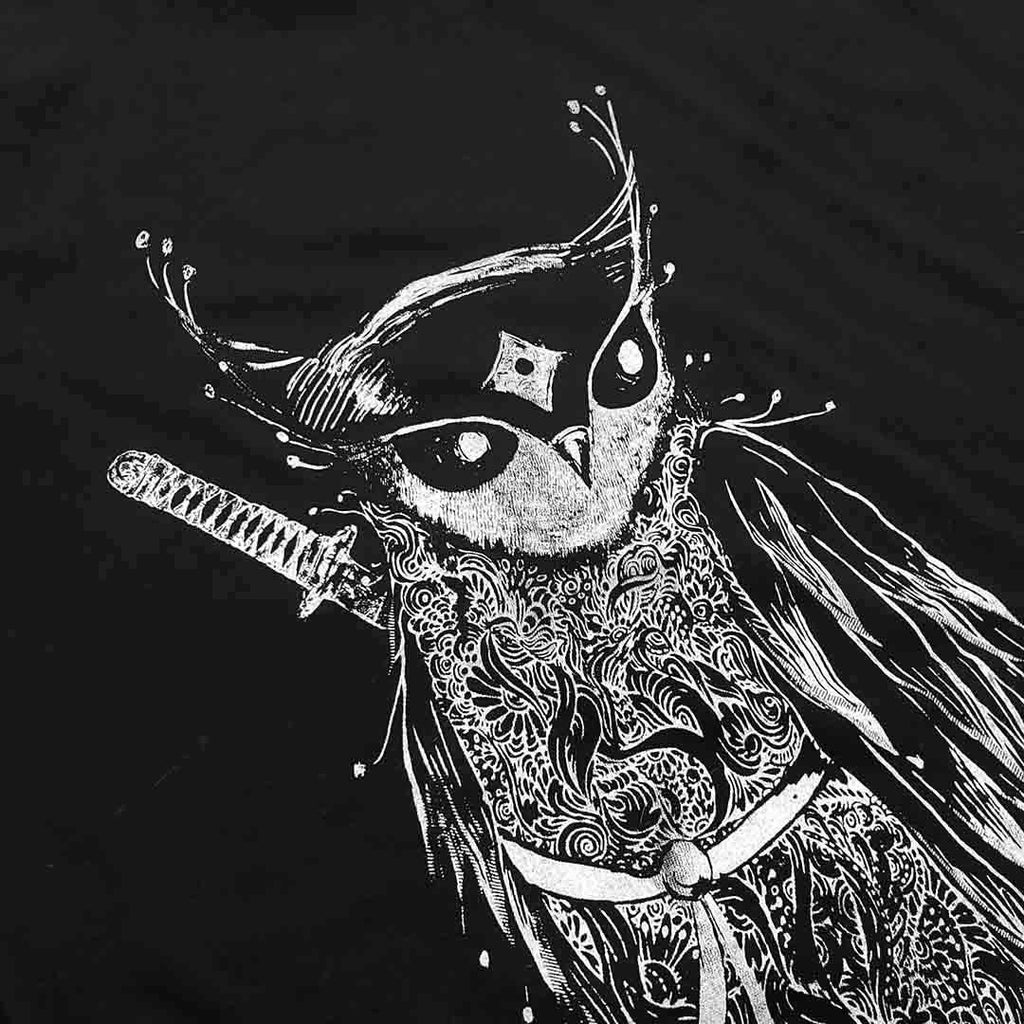 Adult Tee - White Samurai Owl on Black Crew Neck (S - 2XL) by Namu