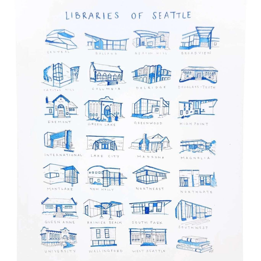 Art Print - 8.5x11in - Libraries of Seattle by Urb.Em.Sketches