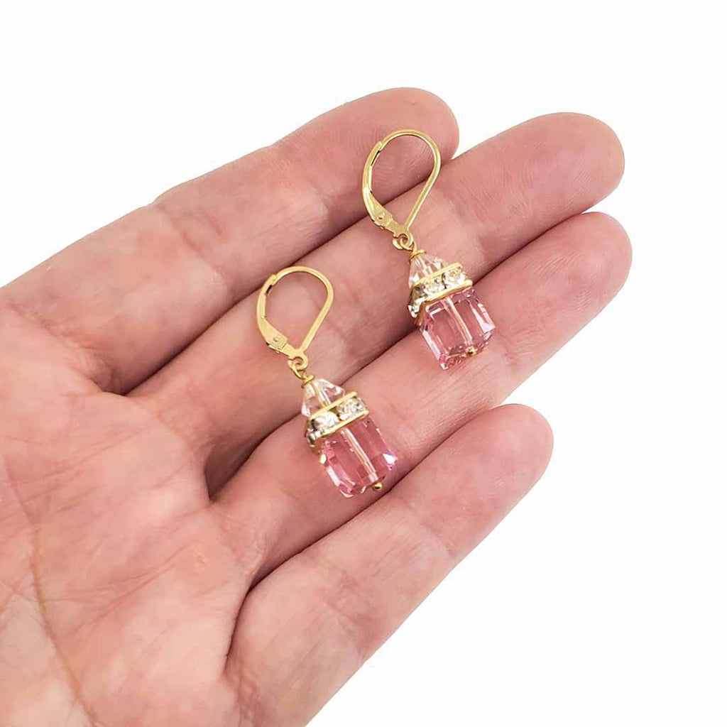 Earrings - Square Light Rose Crystal with 14k Gold Fill Leverback by Sugar Sidewalk