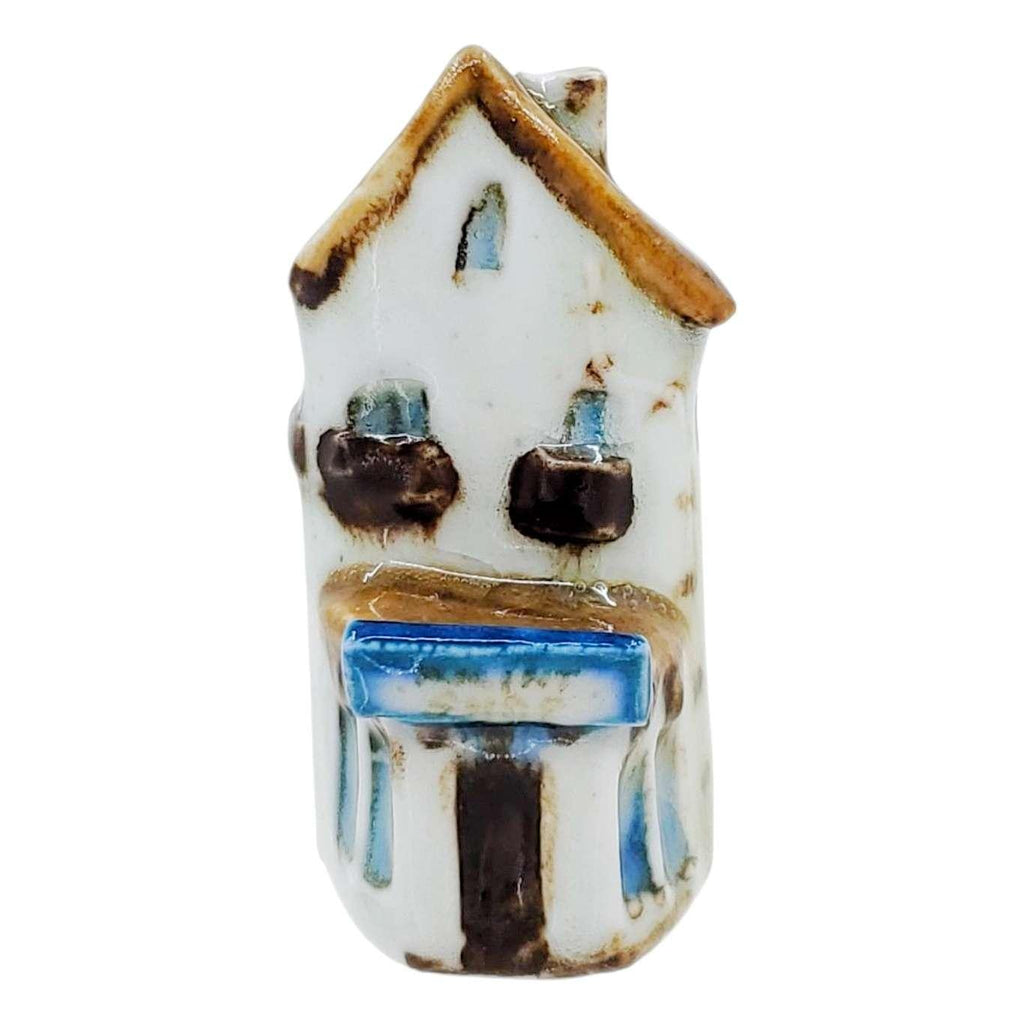 Collectible - Tiny House - Print Shop (White Walls, Dark Brown Door, Brown Roof) by Mist Ceramics