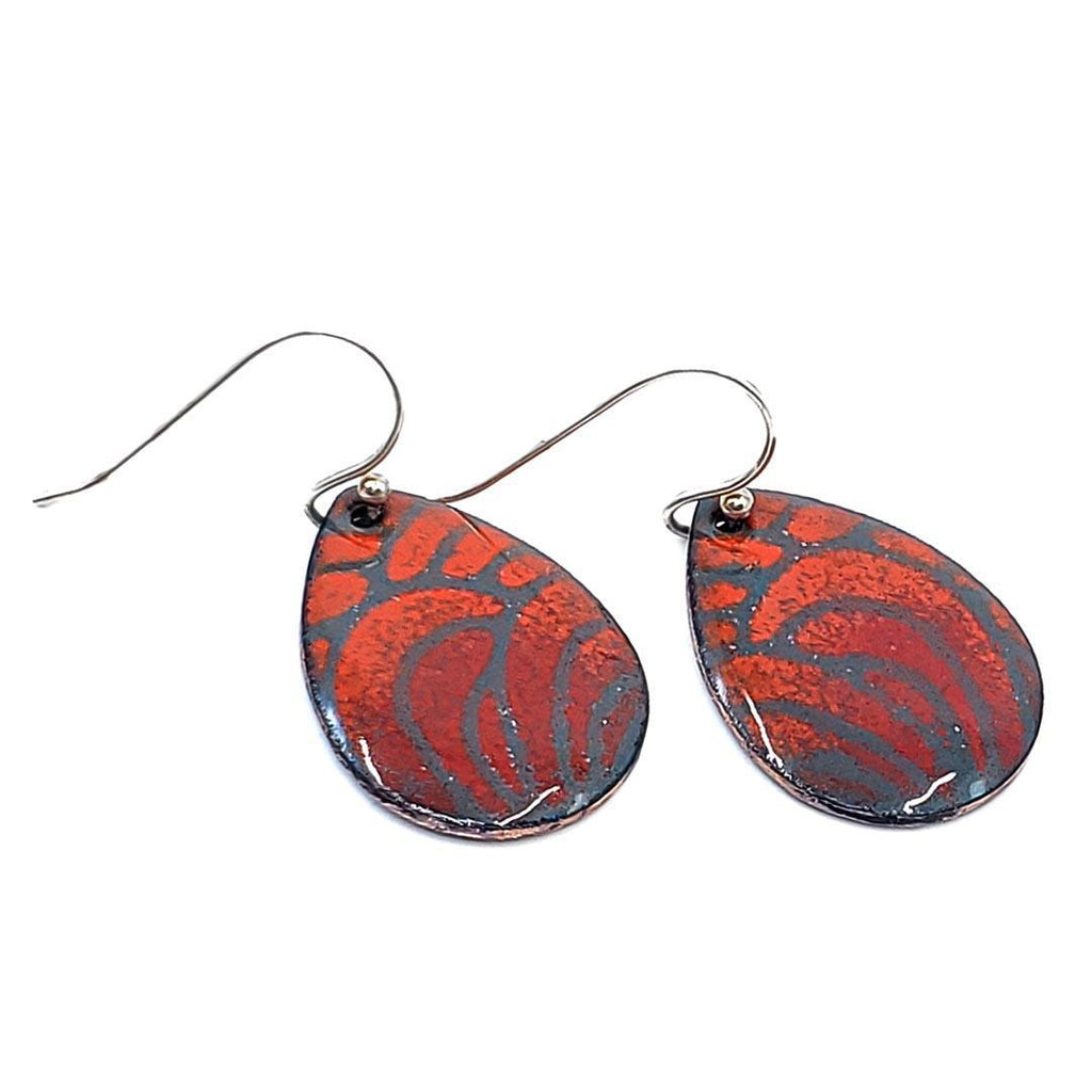 Earrings - Medium Teardrop (Red Abstract on Gray) by Magpie Mouse Studios