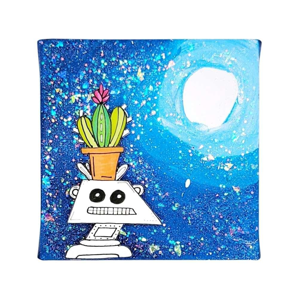 Original Painting - 4x4in - Moonlight Sparkle 3D Robot (Max Cactus) by Mandy Greear