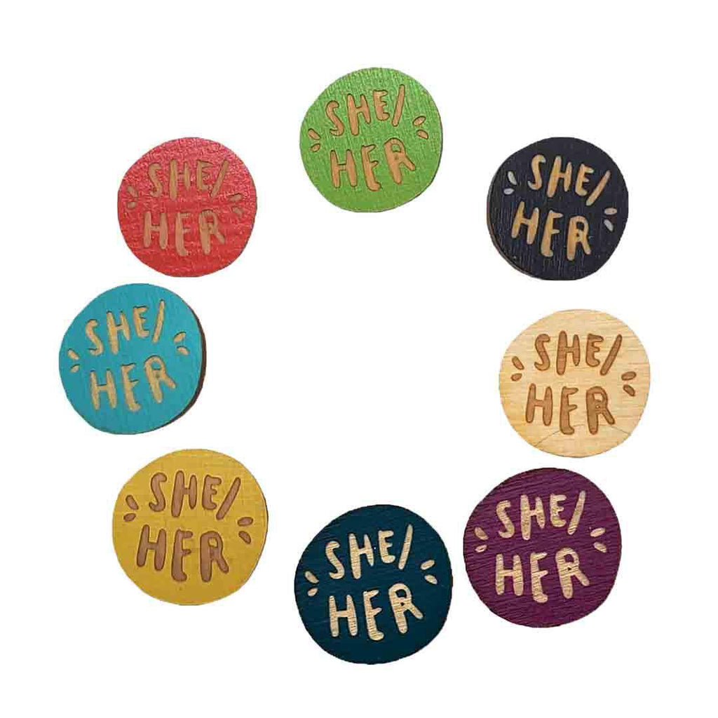 Pronoun Pins - She/Her (Assorted Colors) by Snowmade