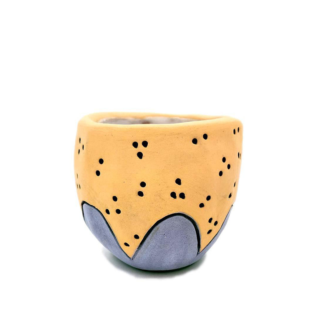 Tiny Cup - 2.5in - Yellow Dotted Blue Scallops by Leslie Jenner Handmade
