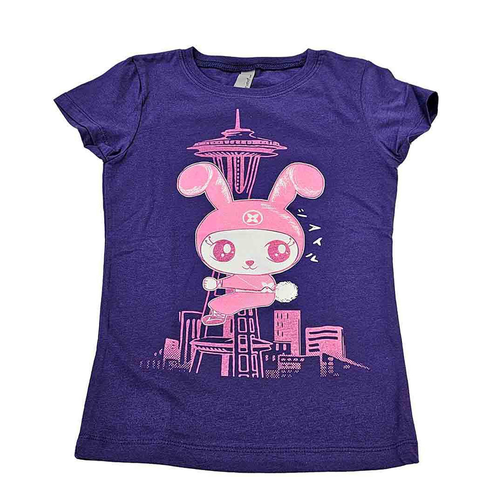 Kids Tee - Pink Bunny Ninja Space Needle on Purple Fitted Tee by Namu