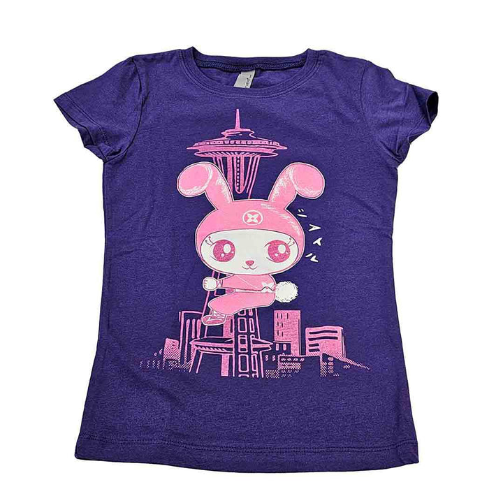 Kids Tee - Pink Bunny Ninja Space Needle on Purple Fitted Tee by Namu