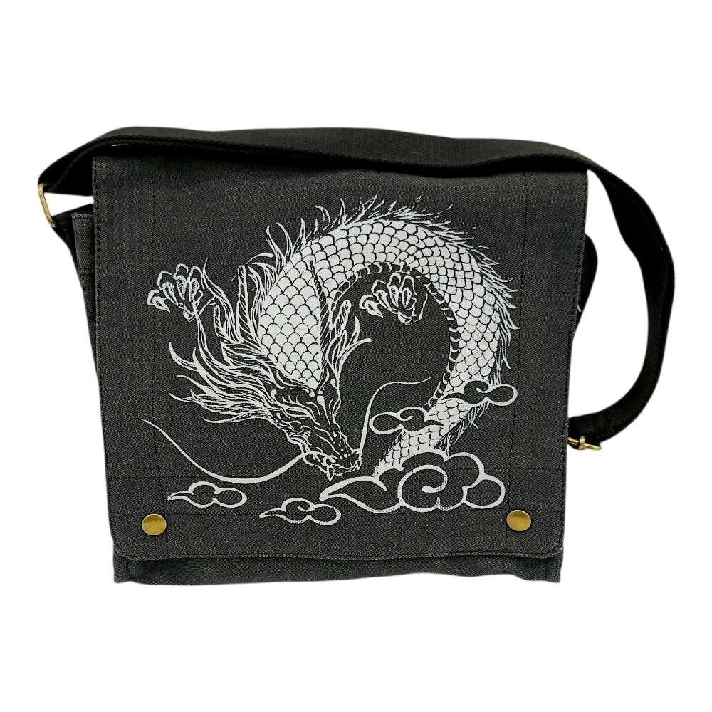 Messenger Bag - Dragon (White Ink on Black Canvas) by Namu