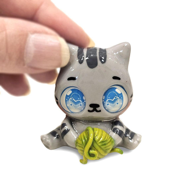 Figurine  - Gray Striped Kitty with Green Yarn by Aii Crafts