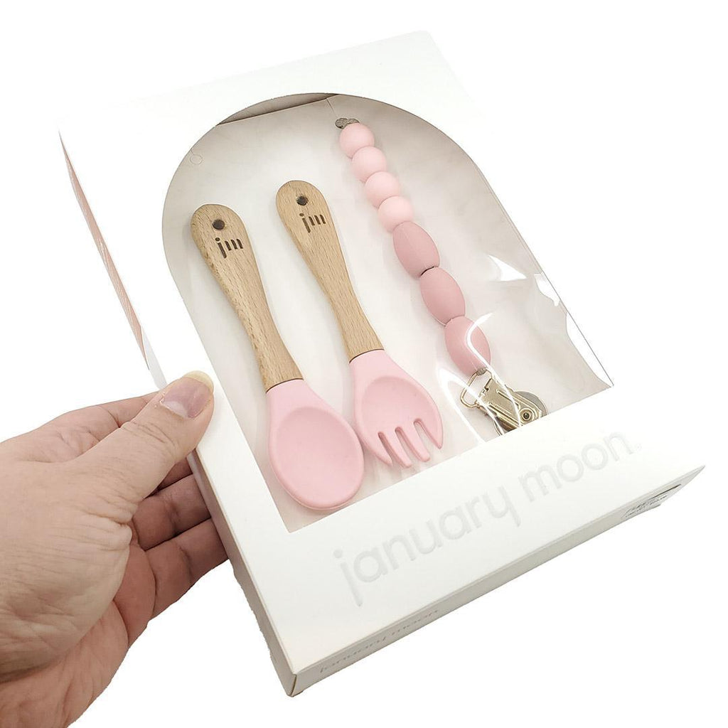 Feeding Set - Fork and Spoon with Clip (Rose Pink) by January Moon