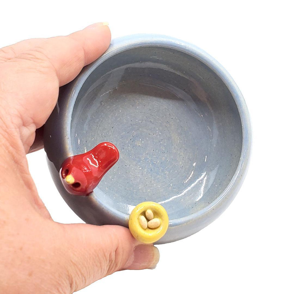 Small Bowl - Powder Blue Bowl with Red Bird and Yellow Nest by Tasha McKelvey