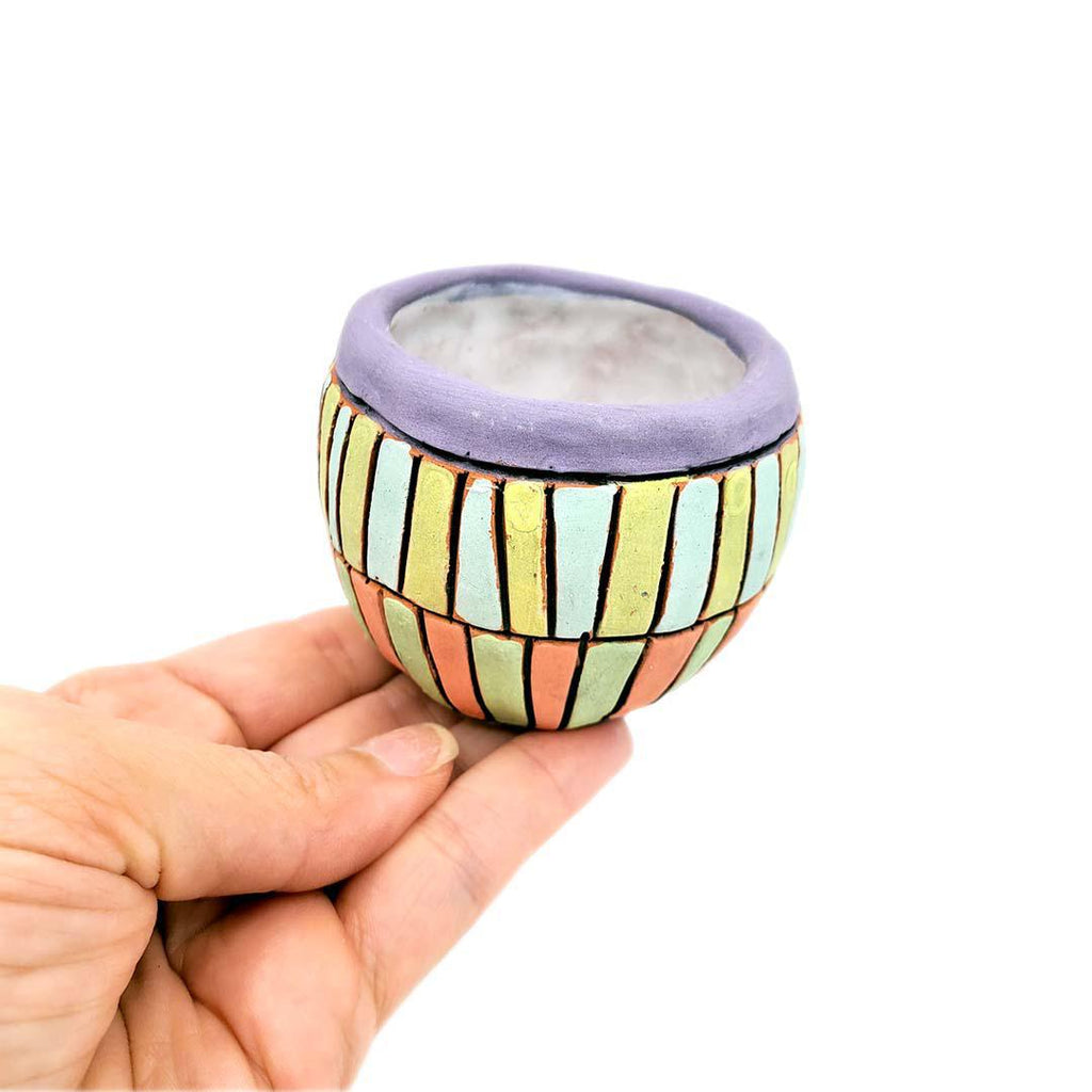 Tiny Cup - 2.5in - Aqua Green Orange Stripes by Leslie Jenner Handmade