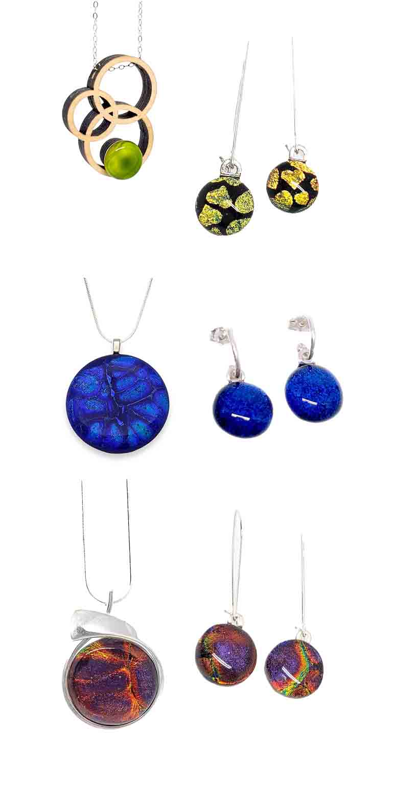 Colorful fused glass necklaces and earrings by Glass Elements at The Handmade Showroom Seattle WA