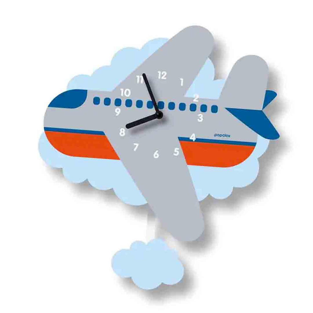 A wall clock with an image of an airplane flying agains fluffy clouds with a cloud below as the pendulum