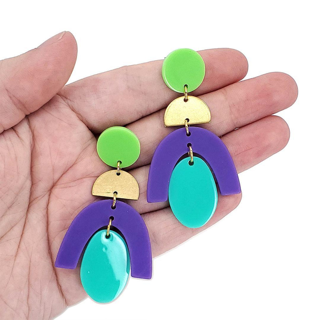 Earrings - Arch with Oval (Green & Purple) by Chubby Bunny
