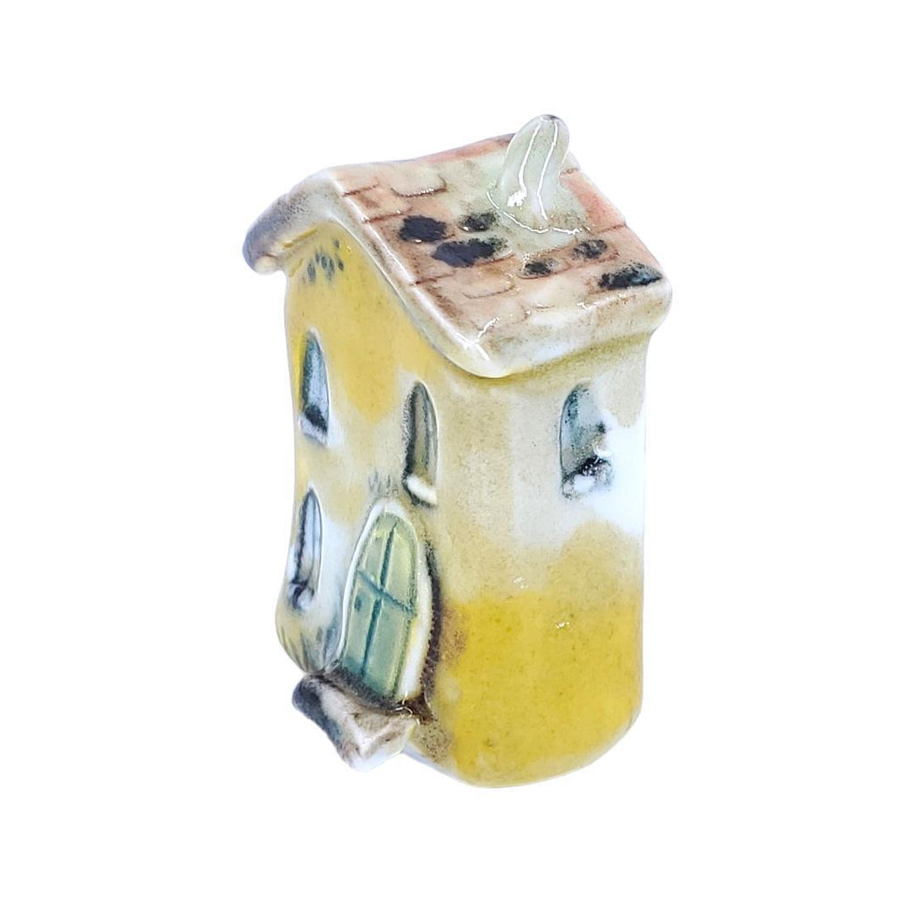 Tiny House - Gold House Blue Door Brown Black Roof by Mist Ceramics