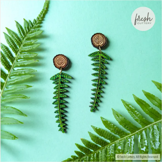 Earrings - Woodland Fern Wood Slice (Post Dangles) by Fresh Cuttery